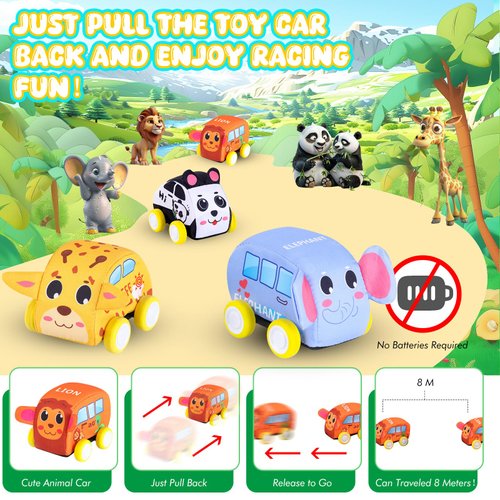 Pull Back Vehicle Set - Soft Baby Toy Set with 4 Cute Animal Cars, First Birthday Gifts for Toddler Toys Age 1-3