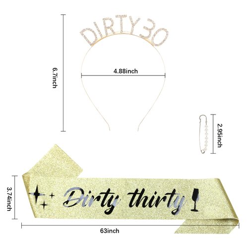 30th Birthday Sash & Rhinestone Dirty 30 Birthday Headband Kit- "Dirty thirty" Birthday Sash Happy 30th Birthday Decorations for Women 30th Birthday Gifts Party Decorations (Gold)