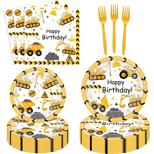 80 Pcs Construction Party Supplies Construction Disposable Paper Dinner Plates Napkins Forks Dinnerware for Dump Truck Theme Baby Shower 1st 2nd 3rd 4th Bday Party Decorations