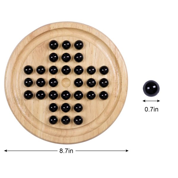 Offelec Wooden Solitaire Board Game with 33 Piece Black Glass Marbles Classic One Player Gameplay Strategy Puzzle Board Games Kids & Adults Fun Family Tabletop Toys, Birthday Gift,Table Games