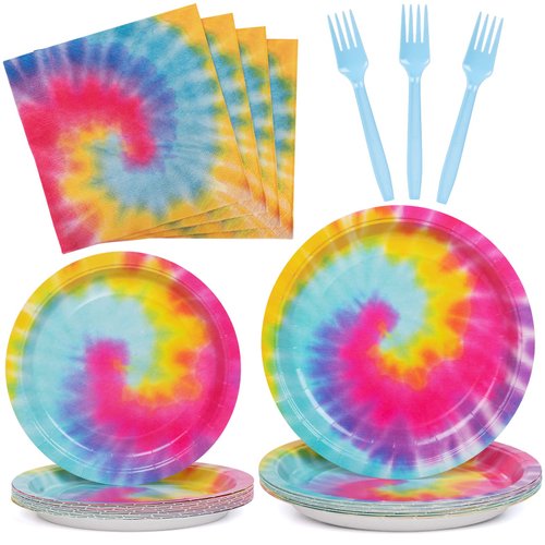 DECORLIFE Tie Dye Party Supplies Serves 24, Includes Birthday Plates and Napkins, Forks for Tie Dye Party Decorations, Total 96PCS