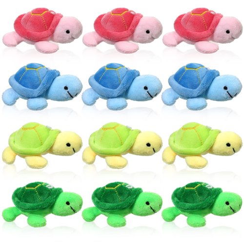 Sratte 12 Pcs Mini Turtle Stuffed Toy Soft Small Sea Turtle Animal Plush Toys for Adults Birthday Party Decorations Beach Bag Gift, Pink Blue Yellow Green 3 Inch