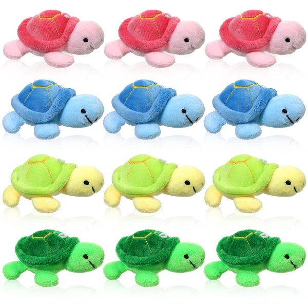 Sratte 12 Pcs Mini Turtle Stuffed Toy Soft Small Sea Turtle Animal Plush Toys for Adults Birthday Party Decorations Beach Bag Gift, Pink Blue Yellow Green 3 Inch