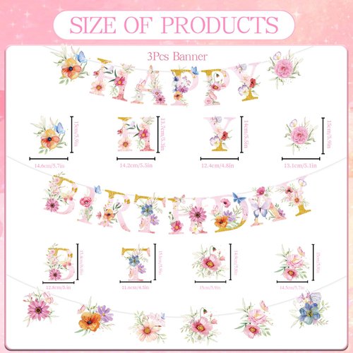 Luvsweets Wildflower Birthday Decorations for Girls - 3 Pcs Wildflower Happy Birthday Banner Decoration Party Supplies Garland Flower Party Decorations for Women Girl Birthday Decor