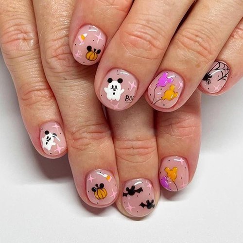 24Pcs Halloween Press on Nails Short Ghost Pumpkin Fake Nails Square Glossy Full Cover Nail Tips with Balloon Bat Design Glue on Nails Halloween Acrylic Nail Kits Stick on Nails for Women and Girls