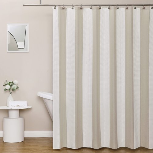 WEST LAKE Taupe Waffle Fabric Shower Curtain Vertical Stripe Farmhouse No Hook Water Resistant Bath Room Curtain for Hotel Spa Bathtubs 70" Wx72 L Tan and White