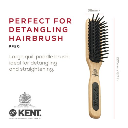Kent PF20 Narrow Cushion Paddle Brush - Taming Fat Pins, Detangling Long Thick and Curly Hair, Scalp Massager and Growth Stimulator for All Hair Types, Made in England