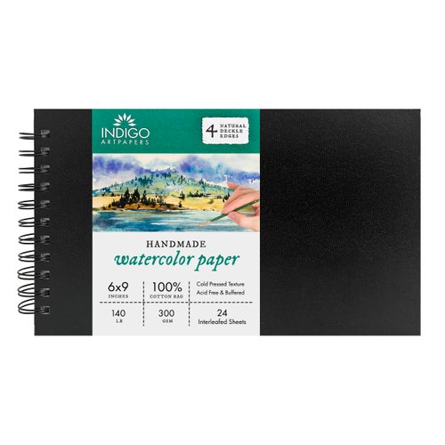 Indigo Artpapers Watercolor Paper Wiropad, 24 Sheets, 6x9 (140lb/300g) | Handmade 100% Cotton Rag, Cold Pressed, Acid-Free Water Color Paper with 4 Natural Deckle Edges, Watercolor Pad Sketchbook