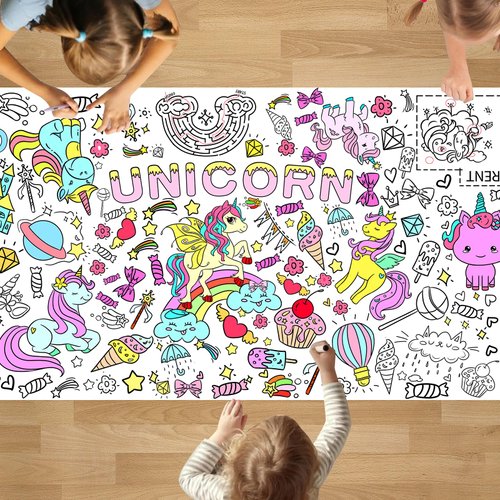 PADTIC Giant Coloring Poster,35x72Inch Versatile Unicorn Activity Drawing Paper Coloring Tablecloth,DIY Unicorn,Rainbow Poster Table Cover Kids Art Crafts Coloring Mat,Home Classroom Party Suppiles