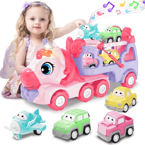 seveclotree Toys for 3 Year Old Girl, 5-in-1 Unicorn Toys Carrier Truck Toy Cars with Light & Sound,Girl Toddler Toys Age 3-5, 3 4 5 Year Old Girl Birthday Gifts Kids Toys for Girls…