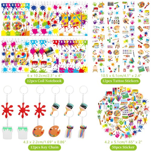 121PCS Art Party Favors Set, Paint Party Favors for Kids, 49 Stickers, 12 Tattoo Stickers, 12 Button Badges, 12 Mini Notepads, 12 Slap Bracelets, 12 Keychains, 12 Goodie Bags for Boys Girls Painting