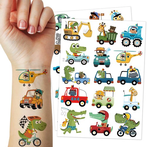 30 Pcs Animal Temporary Tattoos for Kids, Animal Driven Transportation Tattoo Stickers Birthday Themed Party Supplies Decorations Favors for Boys Girls Gifts School Prizes Rewards