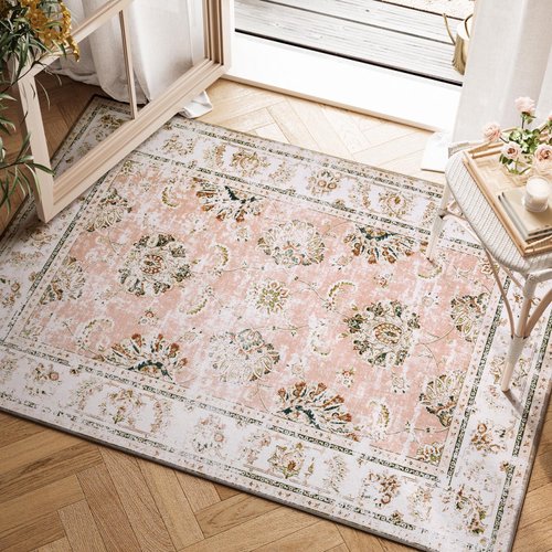 jinchan Area Rug 2x3 Entryway Non-Slip Washable Rug Vintage Rug Floral Print Indoor Small Doormat Thin Rug Retro Accent Rug for Bathroom Kitchen Living Room Bedroom Pink