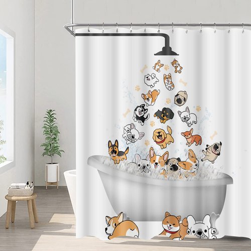 Cute Raining Dogs Shower Curtain,Funny Dog Cartoon Corgi Kids Shower Curtains Hilarious Cute Animal Pets Playing Water Design Paw Pattern Children Bath Curtain Waterproof Fabric with Hooks,72''x72''