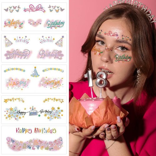 10 Sheets Glitter Birthday Party Temporary Face Tattoos Stickers for Women Happy Birthday Fake Tattoos Makeup Stickers Accessories Face Decals for Birthday Party Decorations Surprises