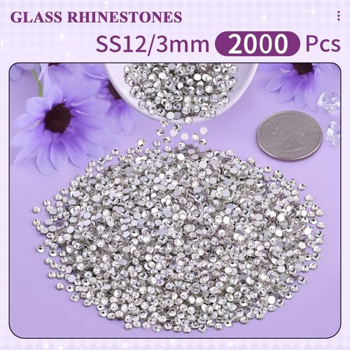 2000PCS SS12/3mm Crystal Rhinestones (Clear), Bedazzling Flatback Glass Rhinestones for Crafting DIY Nail Art Makeup Decoration, Gems Diomand Charms for Tumbler Shoes Clothing Mug