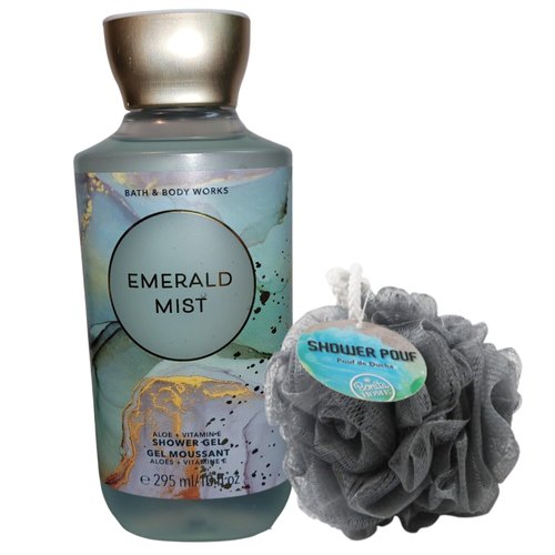 Shower Bathing Gift Set Bundle with 10 ounce Bath and Body Works Shower Gel Soap & Loofah Pouf Sponge - Gift, Birthday, Mother's Day (Emerald Mist)