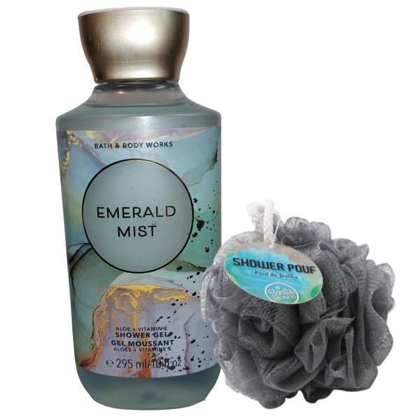 Shower Bathing Gift Set Bundle with 10 ounce Bath and Body Works Shower Gel Soap & Loofah Pouf Sponge - Gift, Birthday, Mother's Day (Emerald Mist)