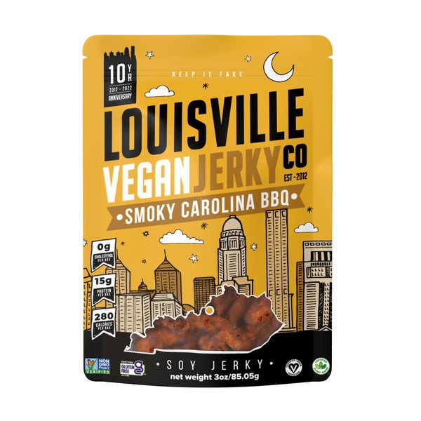 Louisville Vegan Jerky - Sweet & Smoky Carolina Mustard BBQ Vegan Meat - Lip-Smacking Vegan-Friendly & Vegetarian Jerky - Non-GMO Soy Protein, Gluten-Free High Protein Vegan Snacks (3oz)