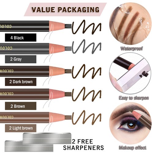 Waterproof Eyebrow Pencils Brow Pencil Set For Marking, Filling And Outlining, Tattoo Makeup And Microblading Supplies Kit-Permanent Eye Brow Liners In, 12Pcs 5Colors(4Black6Brown2Gray）(Multicolor)