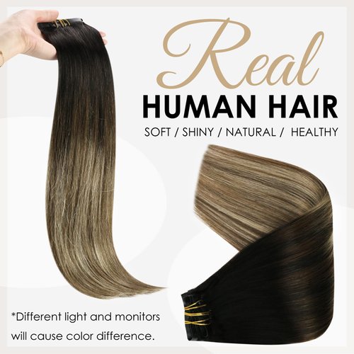 Full Shine Seamless Clip In Hair Extensions Human Hair Real Hair Extensions Clip in Human Hair 14 Inch Black To Medium Brown And Caramel Brown Pu Skin Weft Invisible Clip in Hair Extensions 120g 8pcs