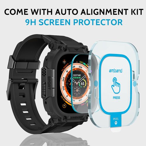 amBand Bands Case Screen Protector Compatible with Apple Watch Ultra 2/1 49mm, M1 Sport Series Rugged Cover Strap and 9H Tempered Glass Film, Military Protective Bumper for iWatch 49 mm Men Black