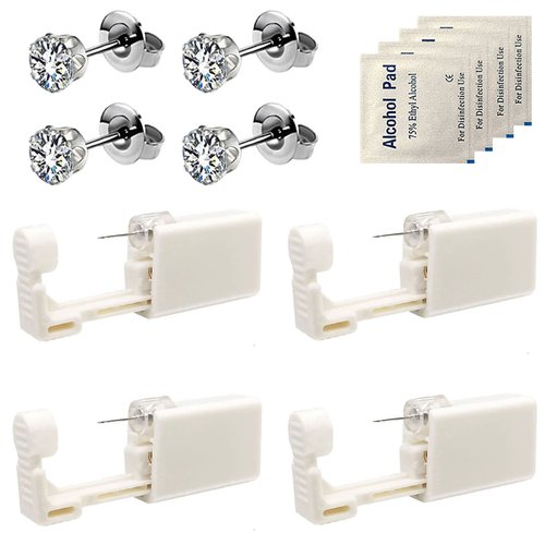 4 Pack Self Ear Piercing Gun, Disposable Self Ear Piercing Gun Kit with Earring Studs Safety Ear Piercing Gun Kit Tool (Silver)