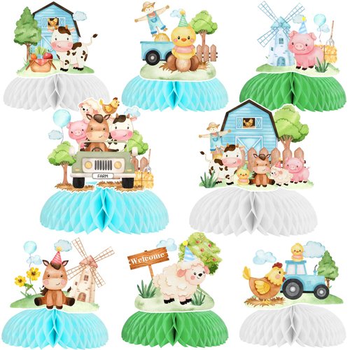 8 Pieces Blue Farm Animal Honeycomb Centerpieces Table Toppers, Farm Themed Party Decorations, 3D...