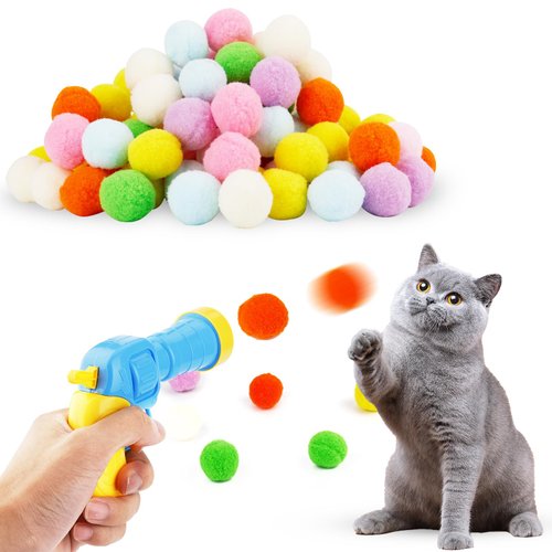 BOXOB 100pcs Cat Toy Ball Launcher Set, Fun Colorful Plush Cat Ball Toys Pom Pom Ball Launcher Gu...