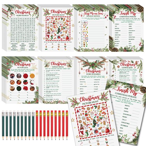 Chitidr 232 Pcs Christmas Trivia Party Games Set Include 207 Xmas Games Question Answer Paper Cards 25 Pencils for Christmas Festival Guessing Activity Party Supplies, 25 Players (Berry)