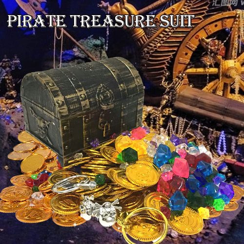 Kayzyue Pirate Treasure Chest Toy Box Pirate Treasure Gems Jewelry Gold Coins,Halloween Pirate Themed Cosplay Party Favors Decoration Storage Pirate Role Play Treasure Hunting Game - 172 Pcs