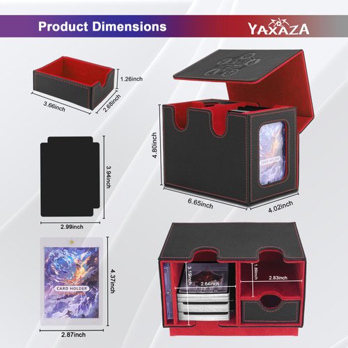 YAXAZA MTG Deck Box with Commander Display Window, Fits 200+ Double-Sleeved Cards, Strong Magnetic PU Leather CardDeck Case with 2 Dividers, 1 Toploader, and Dice Tray(Black & Red)