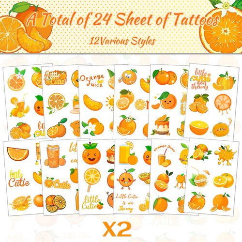 Orange Temporary Tattoos Stickers (24 Sheet) Party Favor for Orange Little Cutie Birthday Party Decorations Baby Shower Supplies Citrus Goodie Bags Fillers Gifts for Boys Girls Kids