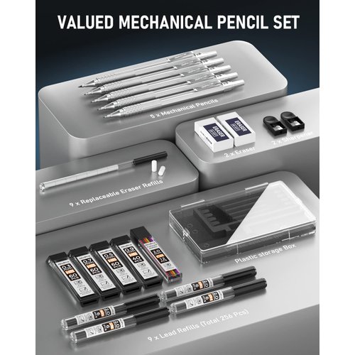 Nicpro 5 PCS Art Mechanical Pencil Set, Metal Drafting Pencils 0.3, 0.5, 0.7, 0.9, 2mm Graphite Lead Holder (4B 2B HB 2H Colored Lead) For Writing Sketching Drawing With 9 Lead Refills Eraser Case