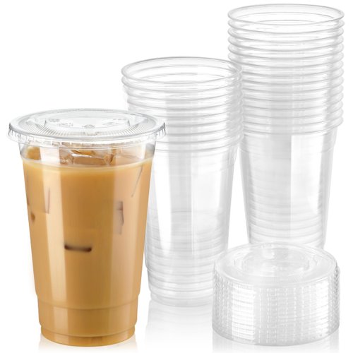 Fit Meal Prep 50 Pack 20 oz Clear Plastic Cups with Flat Lids, Disposable Iced Coffee Cups, BPA Free Premium Smoothie Cup for Party, Lemonade Stand, Cold Drinks, Juice, Milkshake, Bubble Boba, Tea