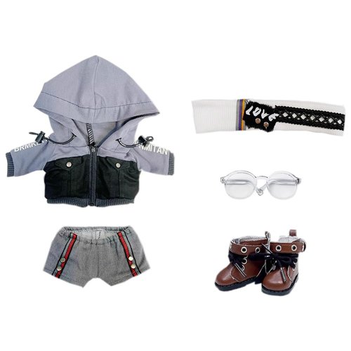 niannyyhouse 15cm 20cm Plush Doll Clothes Cool Set Denim Hoodie Pants Headwear Glasses Shoes Soft Stuffed Plush Toy Dress Up (Grey, 15cm)