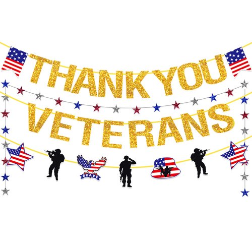 Veterans Day Banner, Veterans Day Decorations Thank You Veterans Banner, Memorial Day Patriotic Party Military Decorations, Glitter Thankful Banner Garland Backdrop Flag Patriotic Party Supplies
