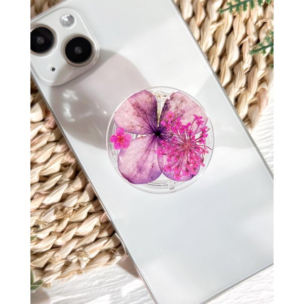 Pressed Natutal Flowers Phone Grip Holder, Expandible Collapsible Transparent Cell Phone Accessory, Dried Natural Flowers Phone Stand, Phone Charms Tablet Support (Purple)