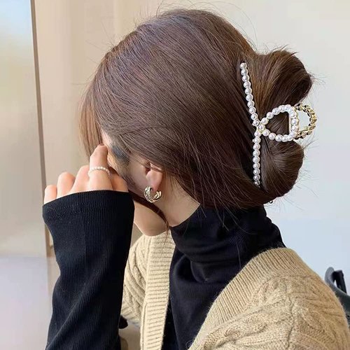 Pearl Hair Claw Clips for Women, Strong Hold Nonslip Threaded Metal Gold Barrette for Hair Styling, Thick/Thin Hair Accessories - 1 Pack