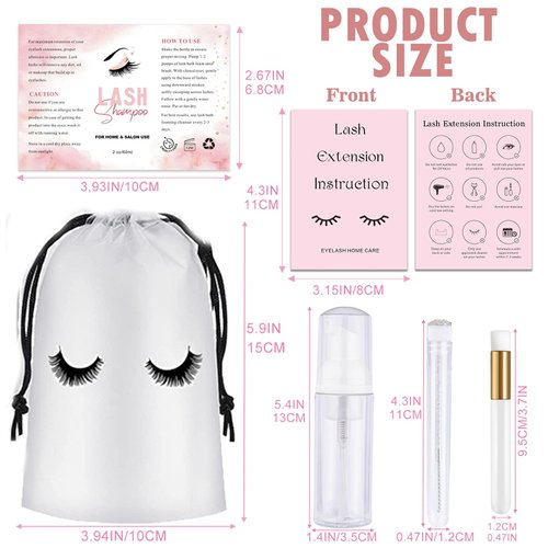 60PCS Lash Shampoo Bottles and Brushes Set, 10pcs Foam Pump Dispenser, Lash Cleaning Brush, Eyelash Extension Tube Brush, Instructions Cards, Bags, Lash Shampoo Stickers for Business Clients (B-white)
