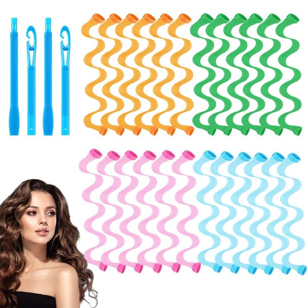 Heatless Curling Rod Overnight For Long Hair,24pcs Hair Curlers no Heat 11.8in Heatless Curls Styling Kit For Women, Hair Curlers to Sleep in-Hair Rollers Set (Colorful, 24pcs 30cm)