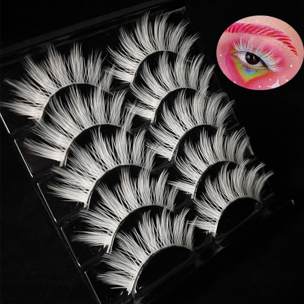 White Eyelashes Cosplay Lashes White False Eyelashes Thick Natural White Lashes Can Be Trimmed Easter Fake Eyelashes Halloween Costume Party Eye Lashes Tool Stage Performance (MQ1-15MM-5Pairs)