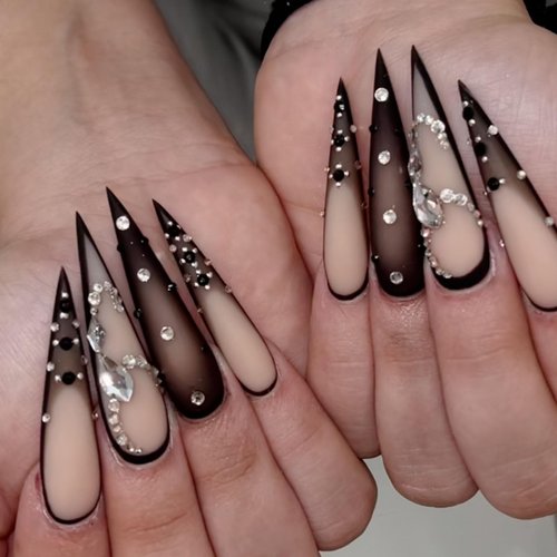 IMRAIN Black Ombre Press on Nails Long Stiletto Fake Nails Matte Rhinestone Extra Long False Nails Full Cover Glossy Glue on Acrylic Nails for Women 24Pcs