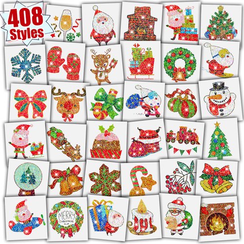 Partywind Glitter Christmas Decorations Temporary Tattoos for Kids, 408 Styles Merry Christmas Party Supplies, Xmas Stocking Stuffers, Holiday Goodie Bag Fillers, Santa Snowman Snowflakes Decor