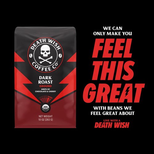Death Wish Coffee Co., Organic and Fair Trade Dark Roast Ground Coffee, 16 oz
