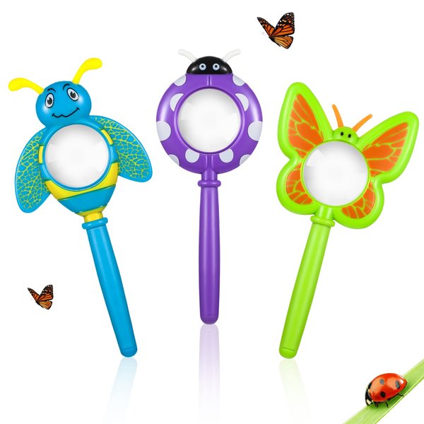 Oudain 3 Pieces Magnifying Glass for Kids Pretty Petals Flower Magnifying Glasses Insect Magnifying Glass Butterfly Bee Ladybug Handheld Magnifier for Boys and Girls Gift