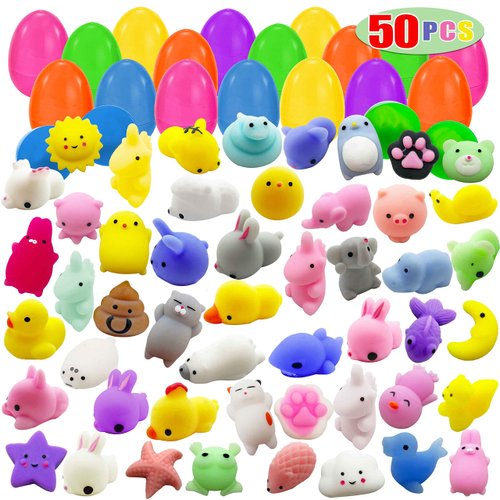 50 Mochi Squishy Toy Prefilled Easter Eggs, Stress Relief Squishies Toy for Easter Theme Party Favor, Easter Eggs Hunt, Easter Basket Egg Fillers, Classroom Prize Supplies, Goodie Bag Stuffers