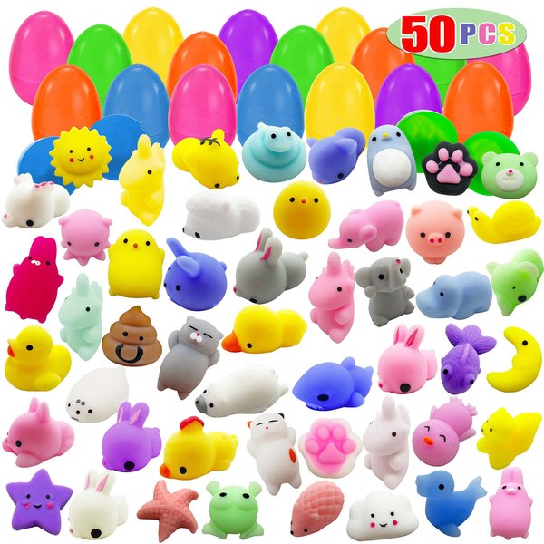 50 Mochi Squishy Toy Prefilled Easter Eggs, Stress Relief Squishies Toy for Easter Theme Party Favor, Easter Eggs Hunt, Easter Basket Egg Fillers, Classroom Prize Supplies, Goodie Bag Stuffers