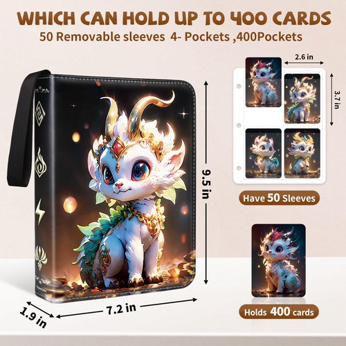Tenmorn Card Binder for Pokemon Cards 4-pocket 400 Pockets.Trading Card Holder Album Book Case for TGC MTG Card.with 50 Removable Sleeves.for Collectors Boys Girls Toys Gift(black)