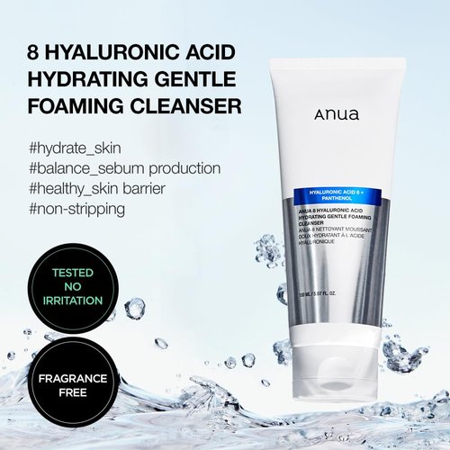 ANUA Hydrating Gentle Foaming Cleanser, Hyaluronic Acid, Glycerin, Zinc, Panthenol, Korean Face Wash for Dry Skin, for Double Cleansing, Korean Skincare (150ml/5.07fl oz.)